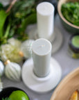 blanc + dove | escc medium pillar candle | soy - blend unscented candles - porter green | style + sustainability
