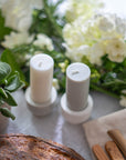 blanc + dove | escc small pillar candle | soy - blend unscented candles - porter green | style + sustainability