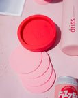 cherry + blush | ciss | unbreakable silicone coasters | porter green, silicone coasters, coaster set with holder, coasters australia, coaster set of 4, sustainable coasters