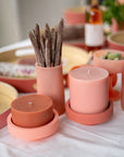 terra + peach | escc large pillar candle | soy - blend unscented candles - porter green | style + sustainability