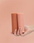 terra + peach | escc medium pillar candle | soy - blend unscented candles - porter green | style + sustainability