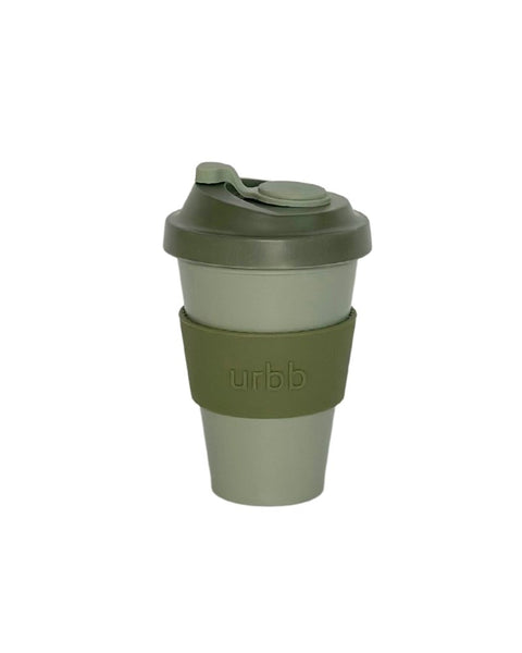 sage + olive | urbb | biodegradable bamboo coffee cup | porter green, biodegradable coffee cups. bamboo coffee cup, reusable coffee cup australia, 12oz coffee cup, leak proof coffee cup