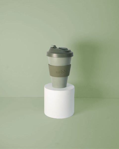 sage + olive | urbb | biodegradable bamboo coffee cup | porter green, biodegradable coffee cups. bamboo coffee cup, reusable coffee cup australia, 12oz coffee cup, leak proof coffee cup