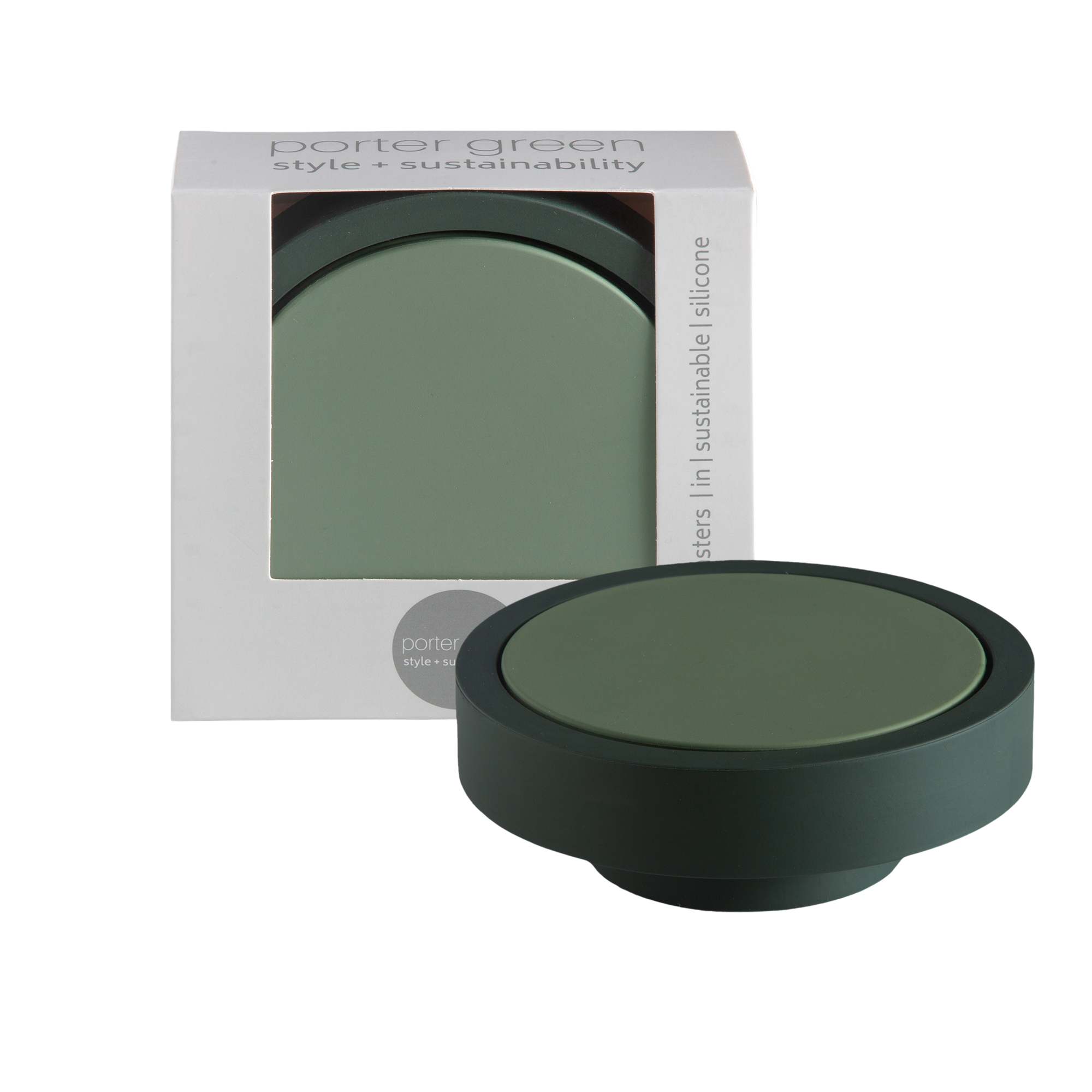 sage + olive | ciss | unbreakable silicone coasters | porter green, silicone coasters, coaster set with holder, coasters australia, coaster set of 4, sustainable coasters