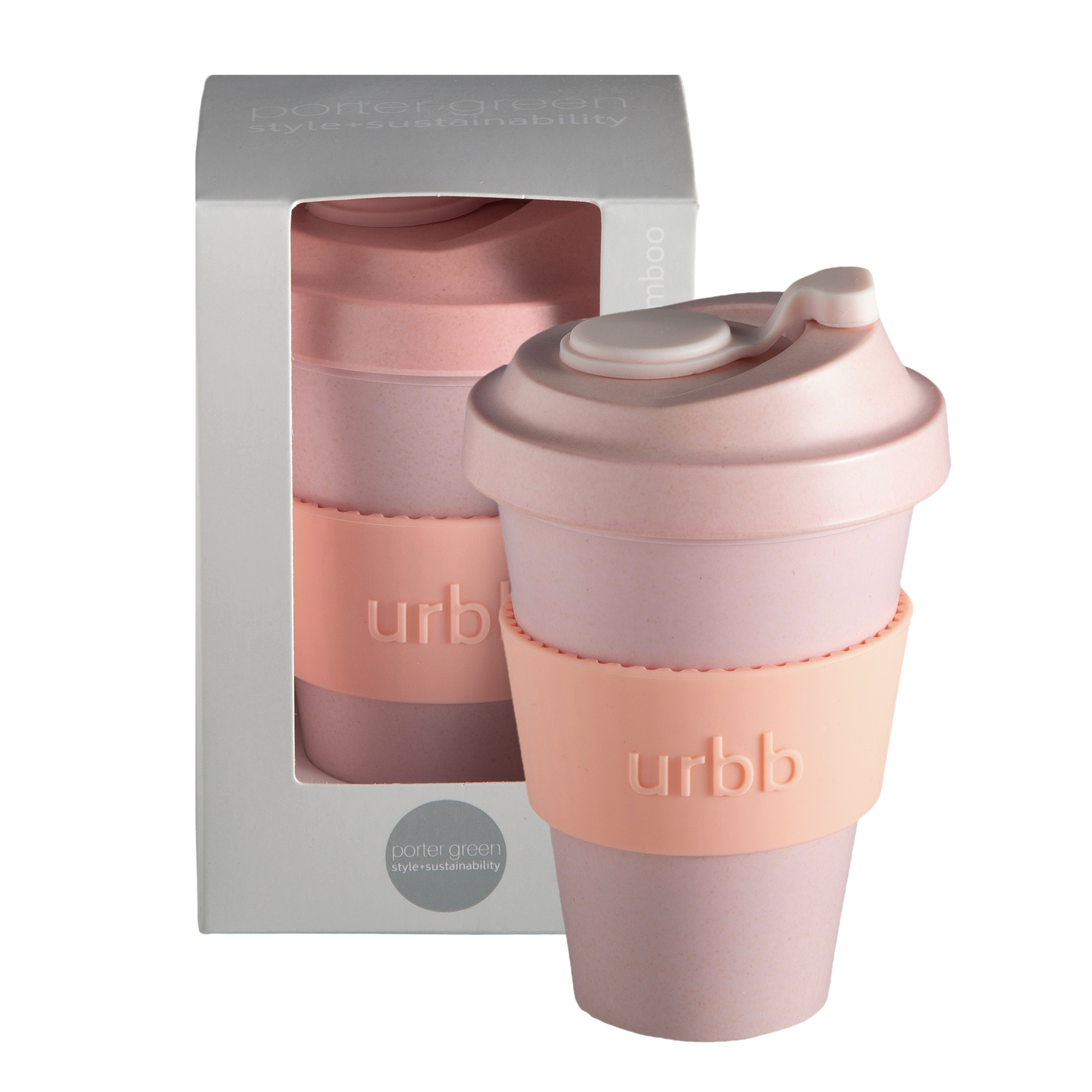 peach + petal | urbb | biodegradable bamboo coffee cup | porter green, biodegradable coffee cups. bamboo coffee cup, reusable coffee cup australia, 12oz coffee cup, leak proof coffee cup