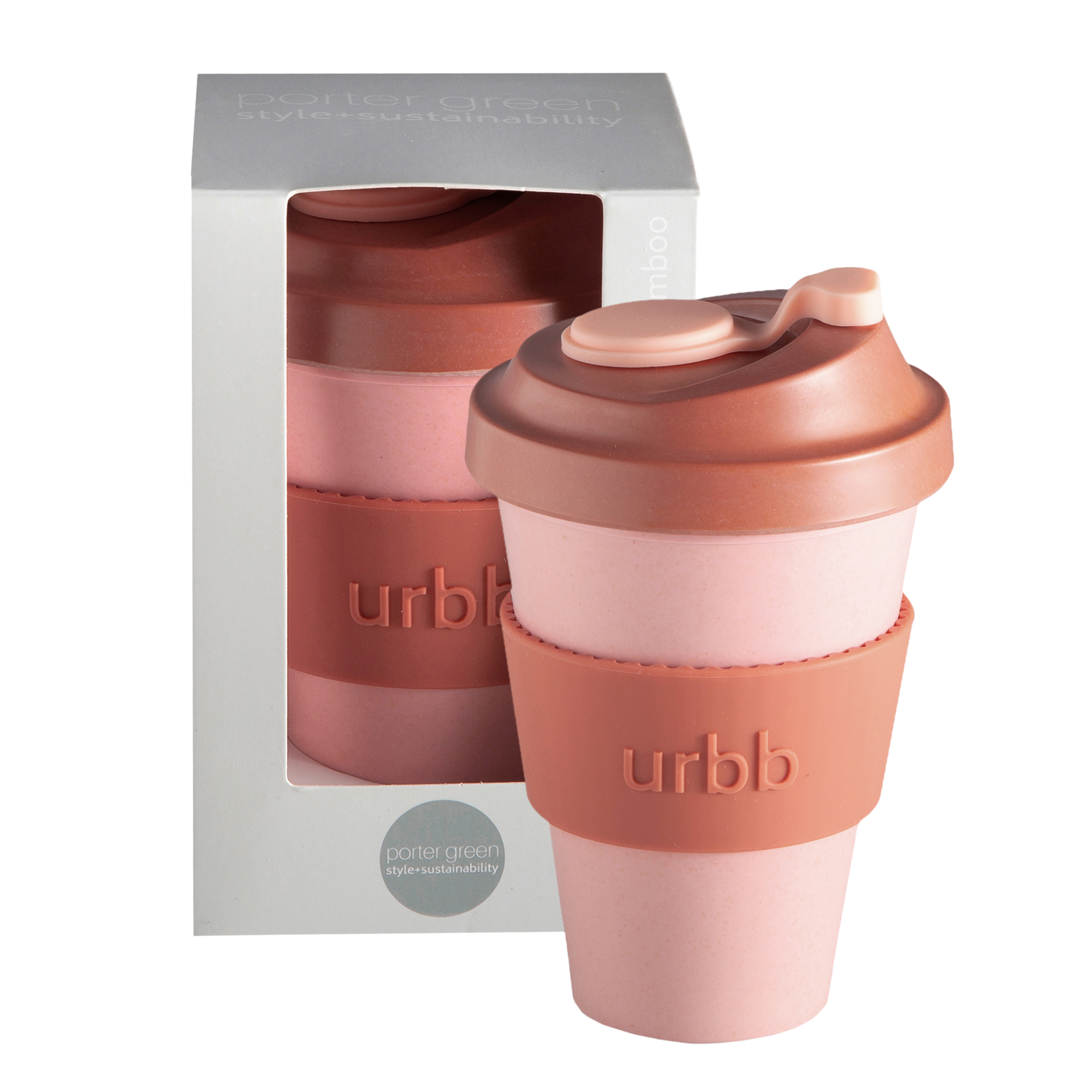 terra + peach | urbb | biodegradable bamboo coffee cup | porter green, biodegradable coffee cups. bamboo coffee cup, reusable coffee cup australia, 12oz coffee cup, leak proof coffee cup
