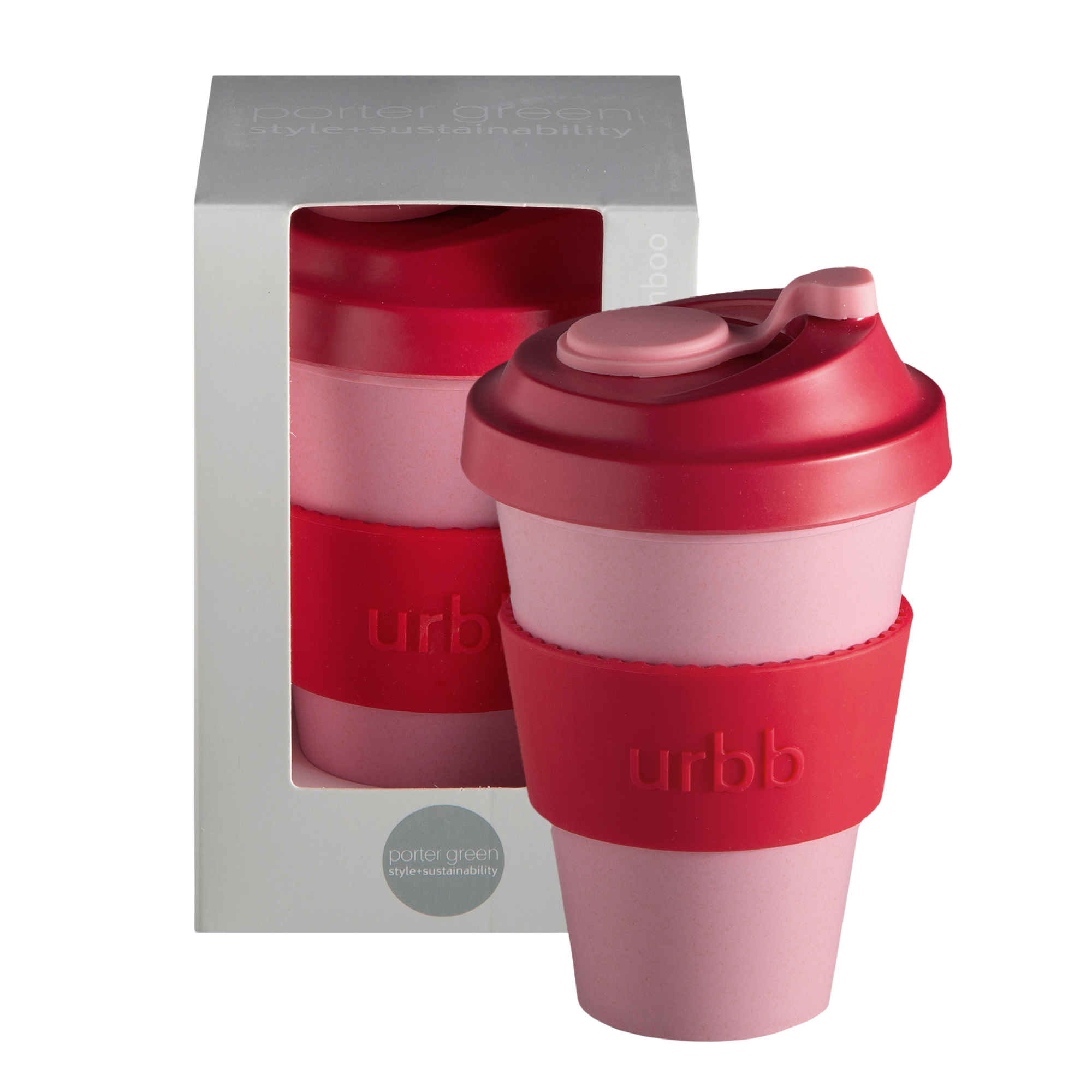 cherry + blush | urbb | biodegradable bamboo coffee cup | porter green, biodegradable coffee cups. bamboo coffee cup, reusable coffee cup australia, 12oz coffee cup, leak proof coffee cup