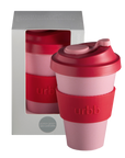 cherry + blush | urbb | biodegradable bamboo coffee cup | porter green, biodegradable coffee cups. bamboo coffee cup, reusable coffee cup australia, 12oz coffee cup, leak proof coffee cup