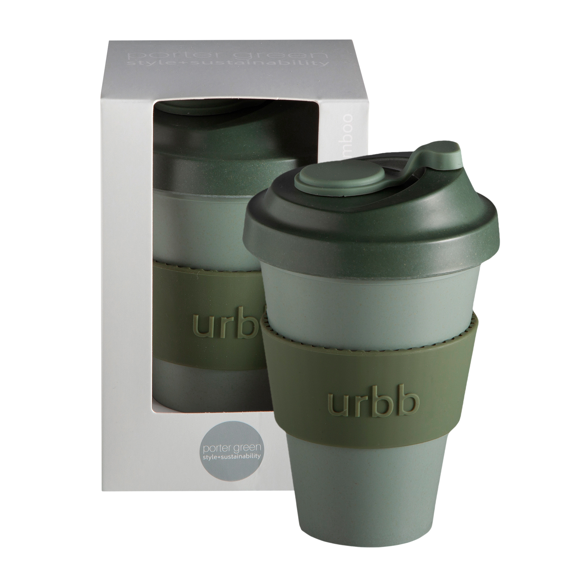 sage + olive | urbb | biodegradable bamboo coffee cup | porter green, biodegradable coffee cups. bamboo coffee cup, reusable coffee cup australia, 12oz coffee cup, leak proof coffee cup