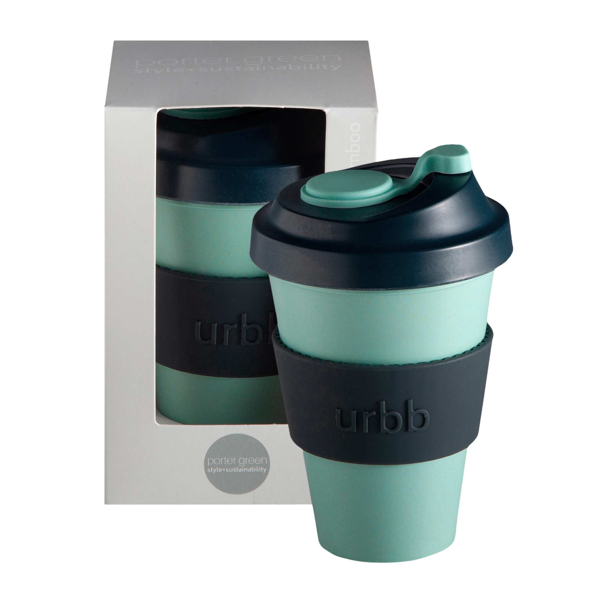 mist + ink | urbb | biodegradable bamboo coffee cup | porter green, biodegradable coffee cups. bamboo coffee cup, reusable coffee cup australia, 12oz coffee cup, leak proof coffee cup