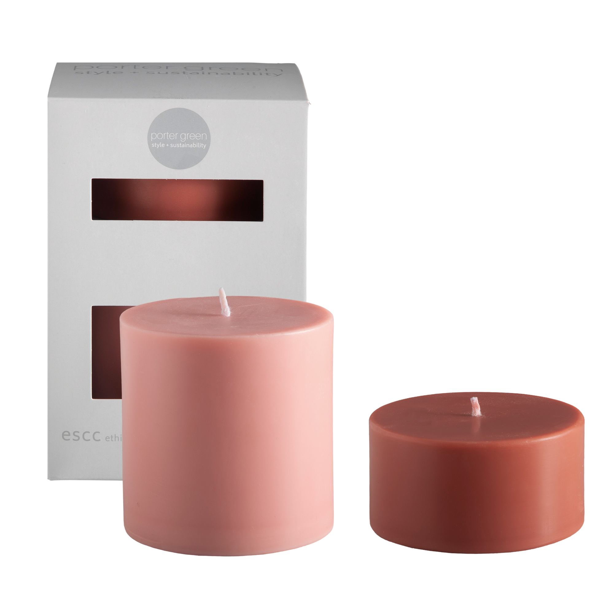 terra + peach | escc large pillar candle | soy - blend unscented candles - porter green | style + sustainability
