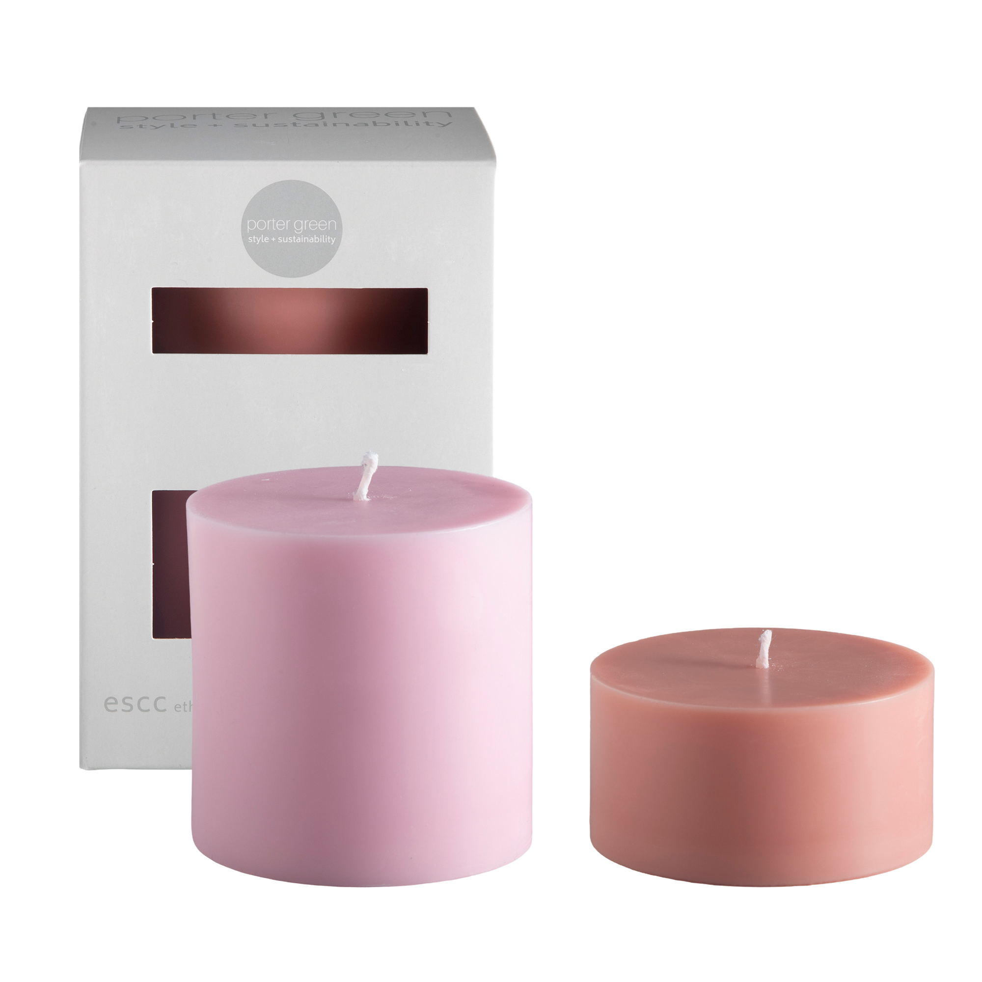 peach + petal | escc large pillar candle | soy - blend unscented candles - porter green | style + sustainability