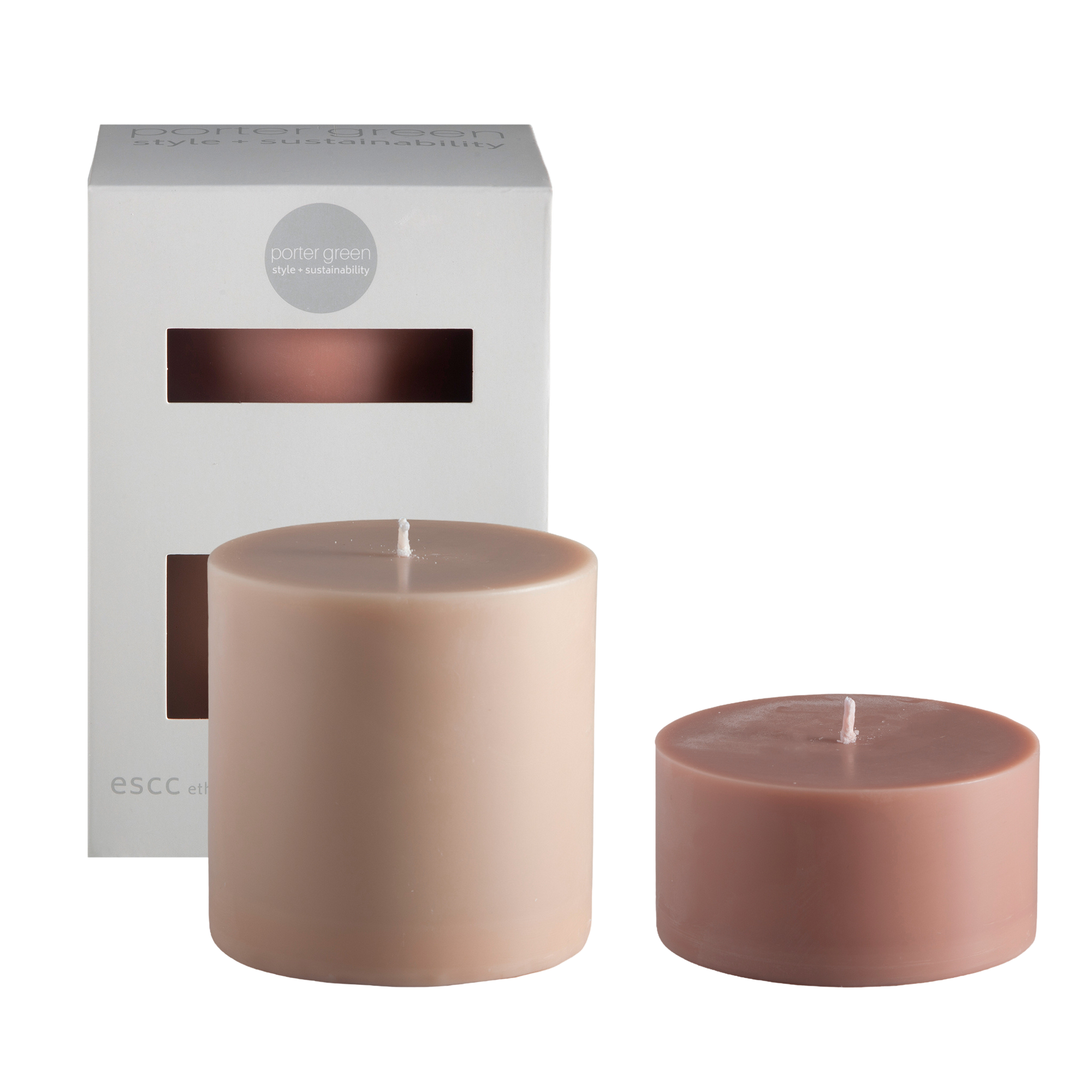 wheat + oat | escc large pillar candle | soy - blend unscented candles - porter green | style + sustainability
