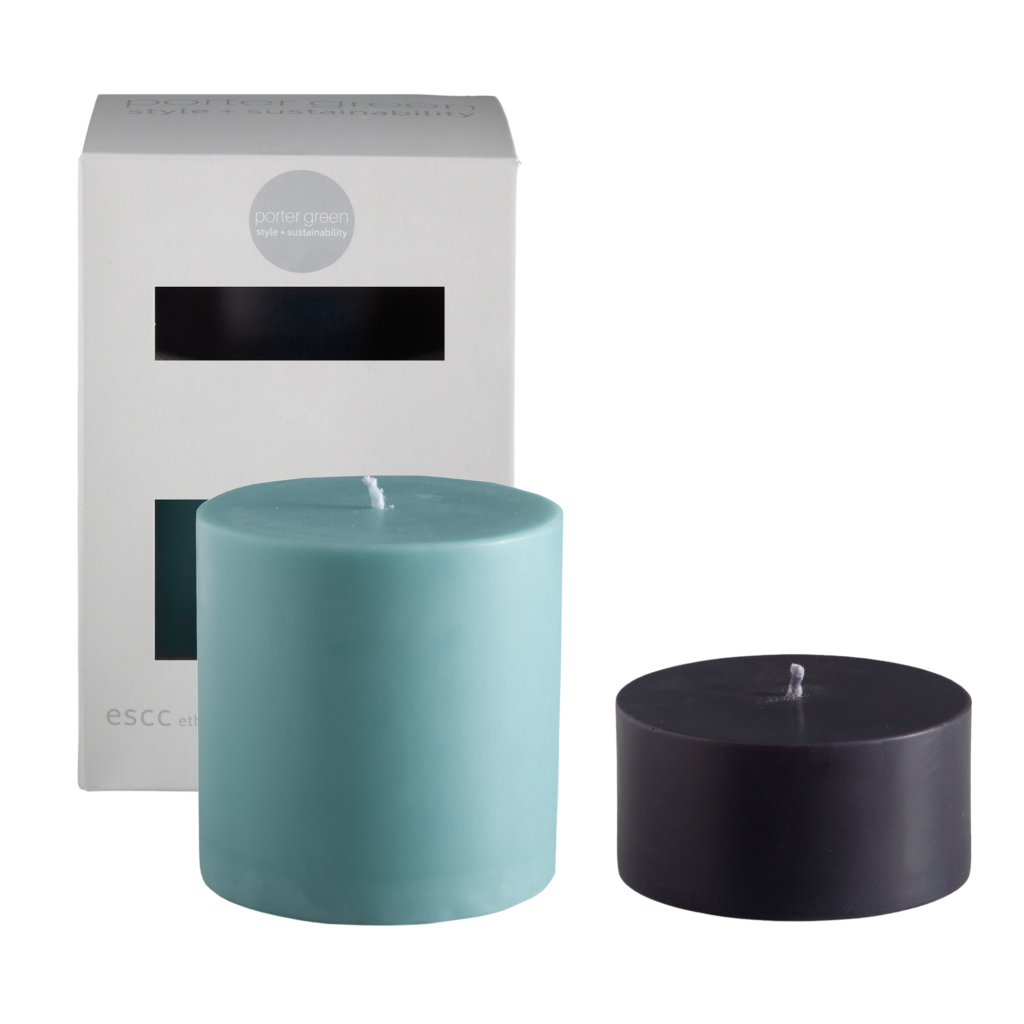 mist + ink | escc large pillar candle | soy - blend unscented candles - porter green | style + sustainability