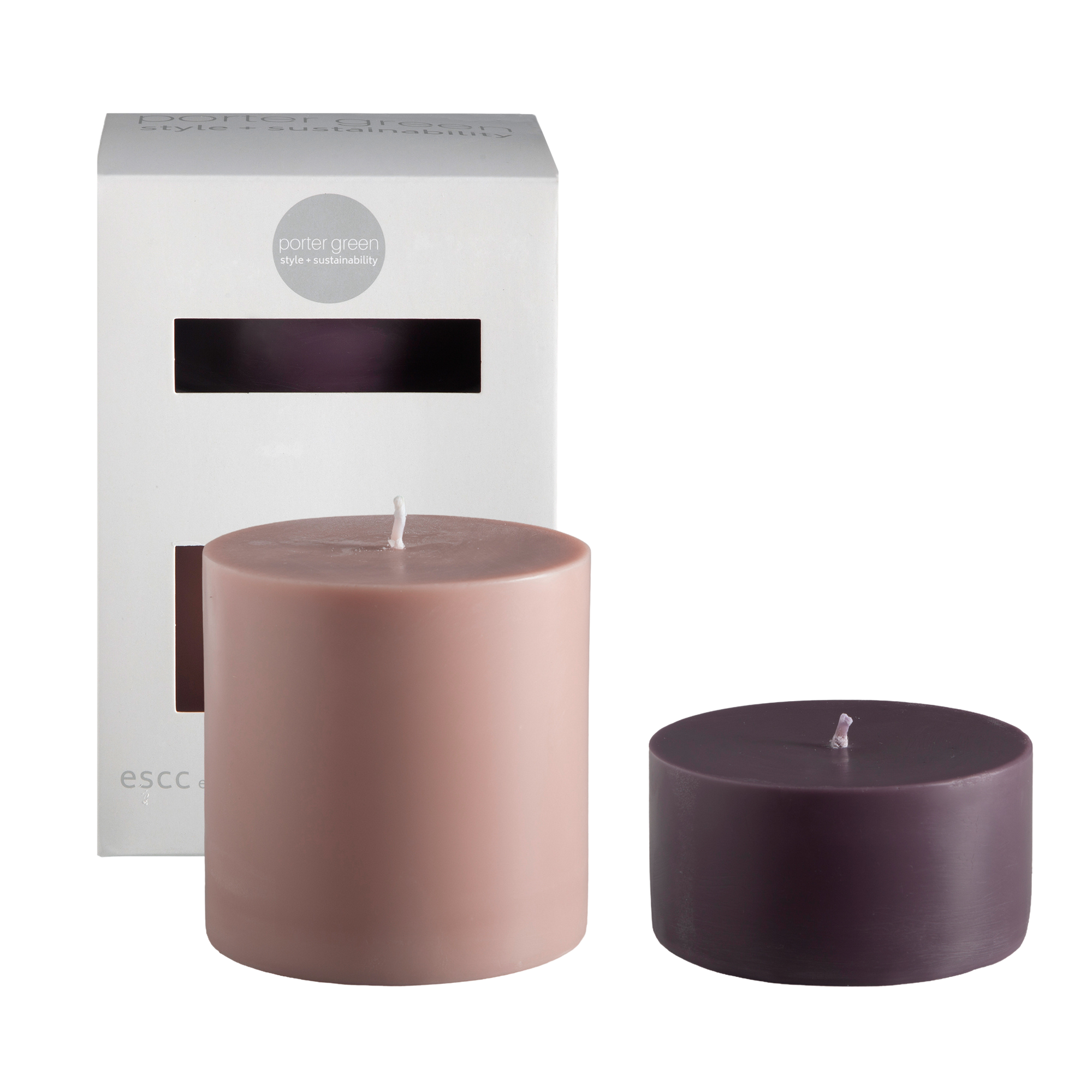 latte + donkey | escc large pillar candle | soy - blend unscented candles - porter green | style + sustainability