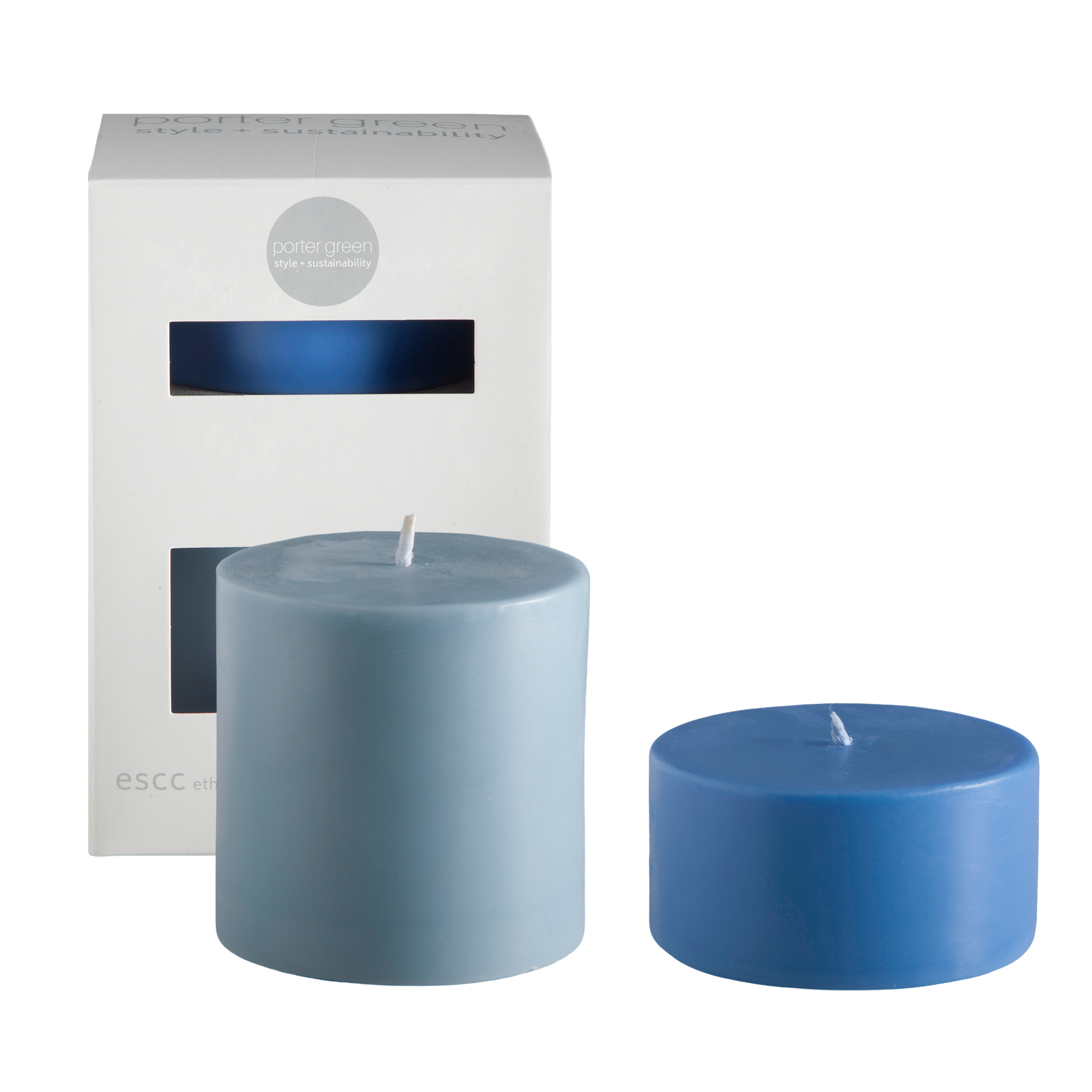 sky + kingfisher | escc large pillar candle | soy - blend unscented candles - porter green | style + sustainability