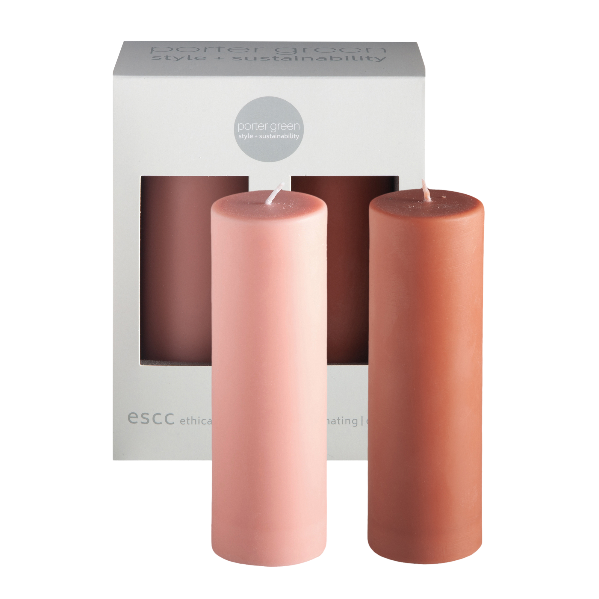 terra + peach | escc medium pillar candle | soy - blend unscented candles - porter green | style + sustainability