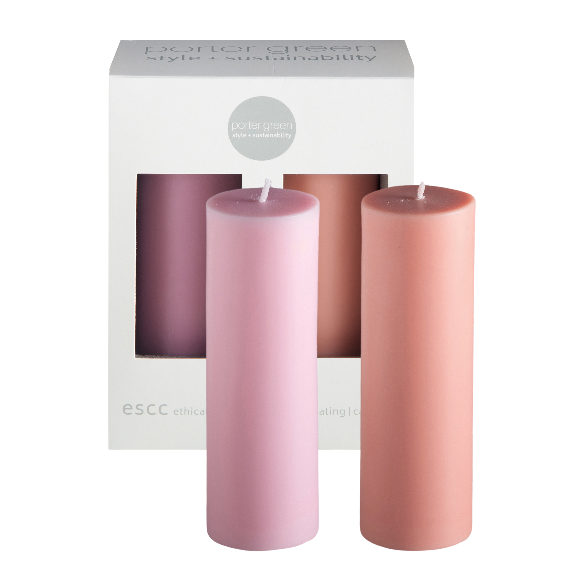 peach + petal | escc medium pillar candle | soy - blend unscented candles - porter green | style + sustainability