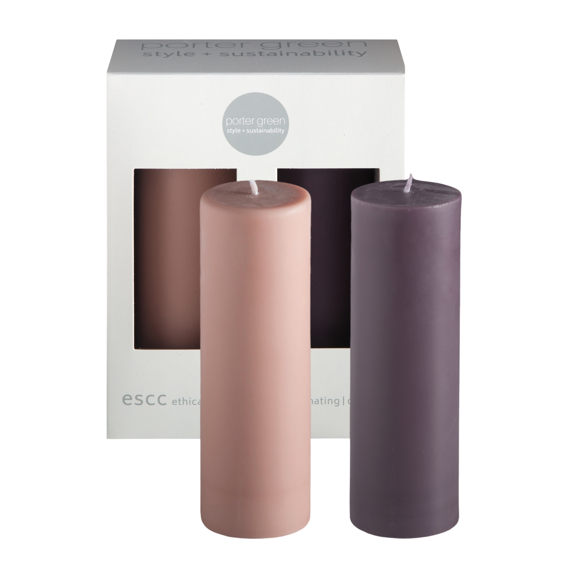 latte + donkey | escc medium pillar candle | soy - blend unscented candles - porter green | style + sustainability