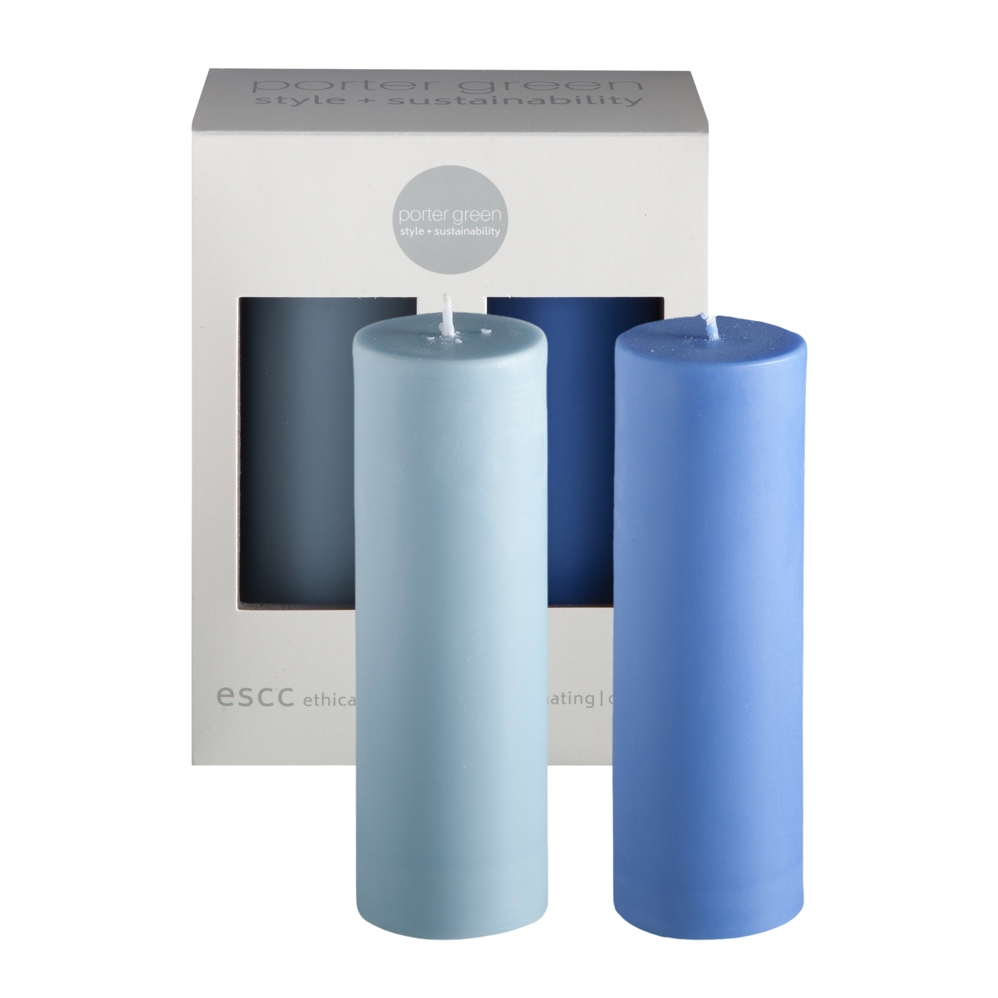 sky + kingfisher | escc medium pillar candle | soy - blend unscented candles - porter green | style + sustainability
