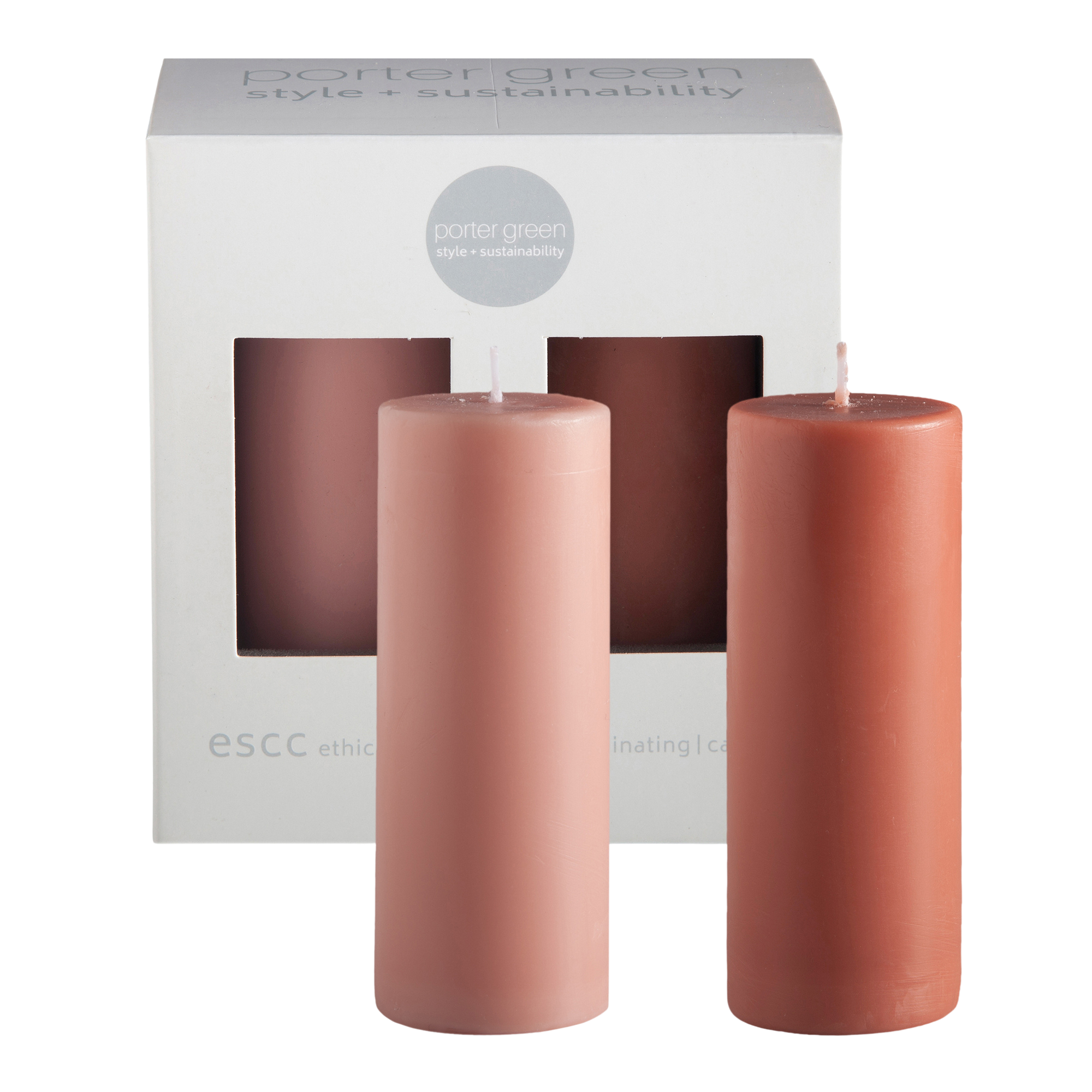 terra + peach | escc small pillar candle | soy - blend unscented candles - porter green | style + sustainability