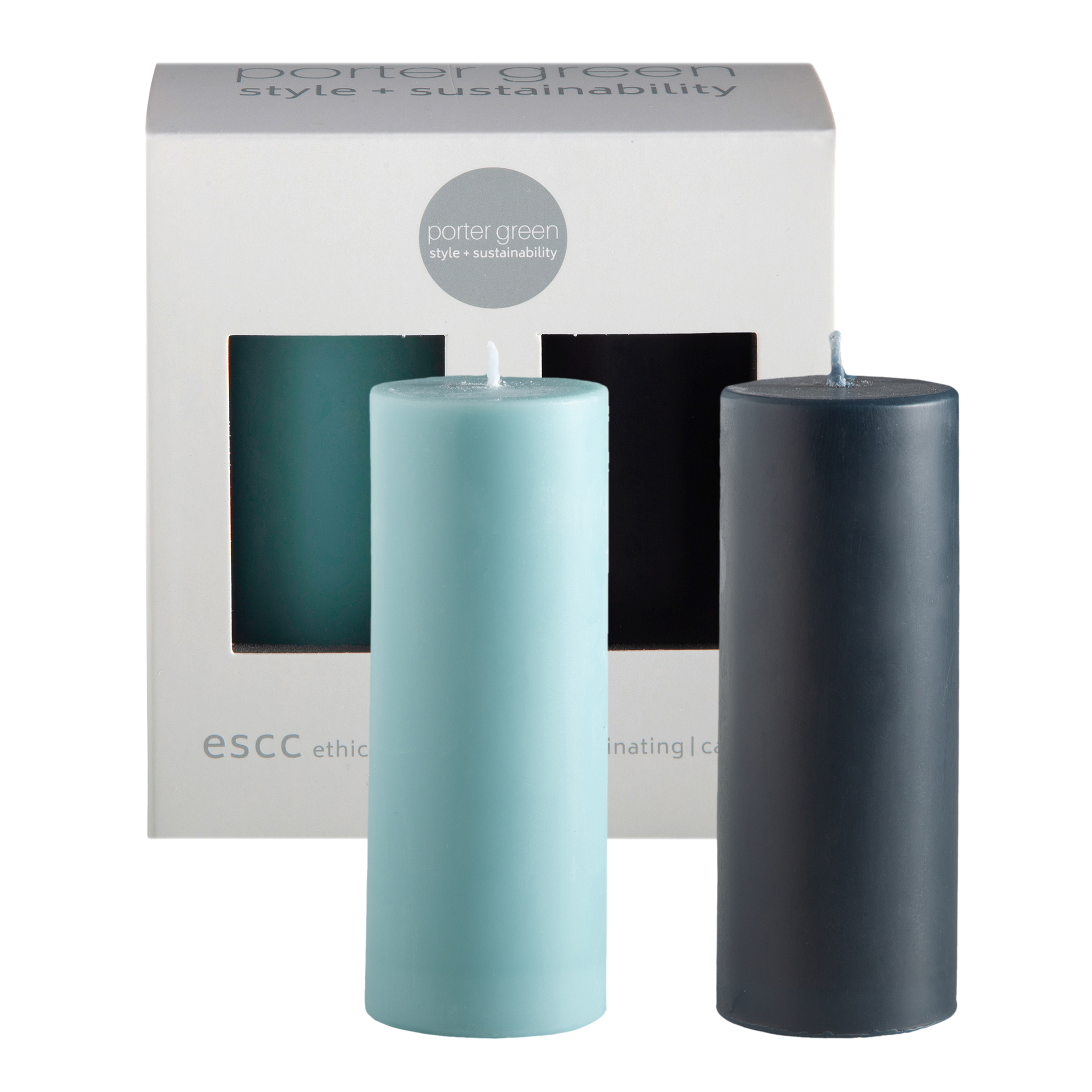 mist + ink | escc small pillar candle | soy - blend unscented candles - porter green | style + sustainability