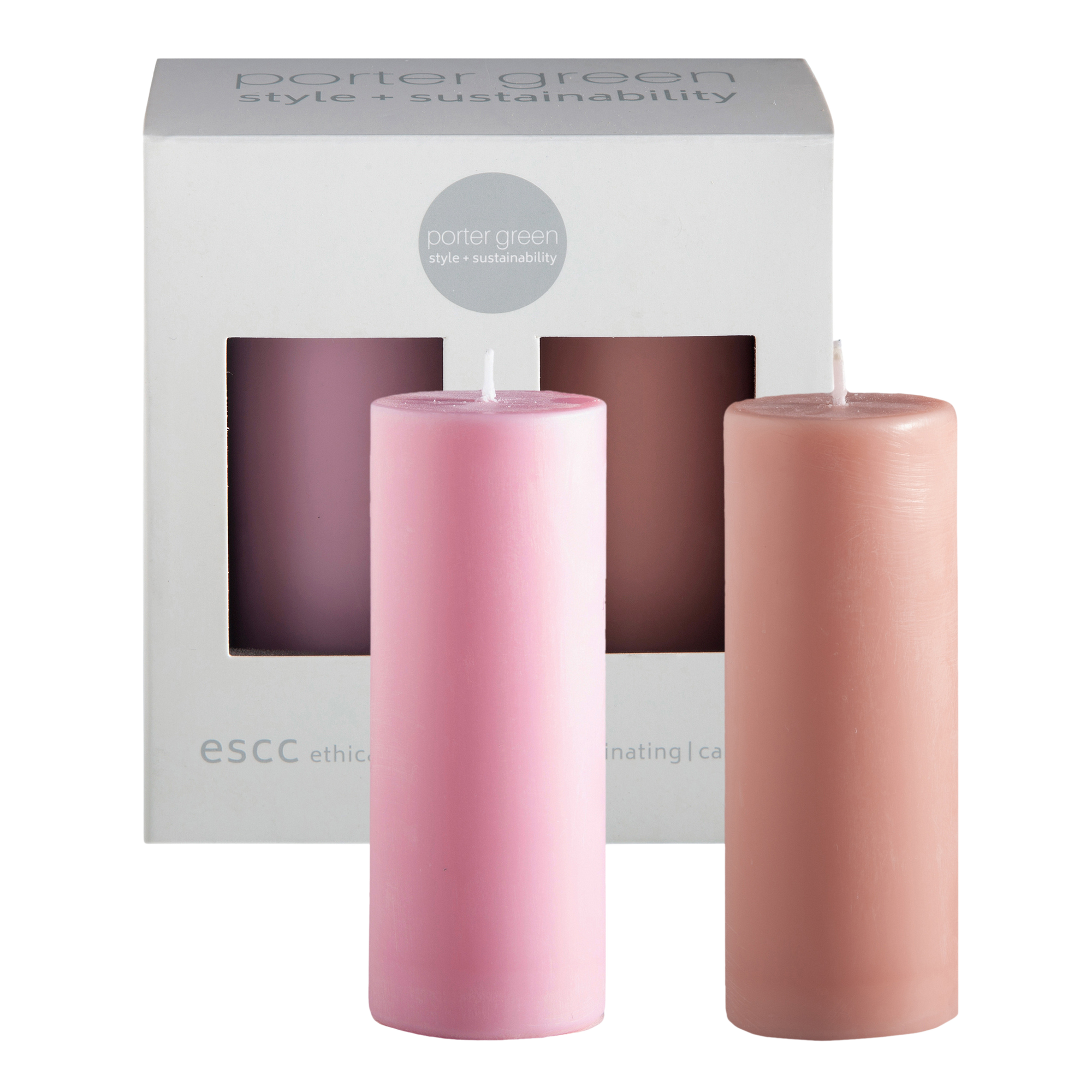 peach + petal | escc small pillar candle | soy - blend unscented candles - porter green | style + sustainability