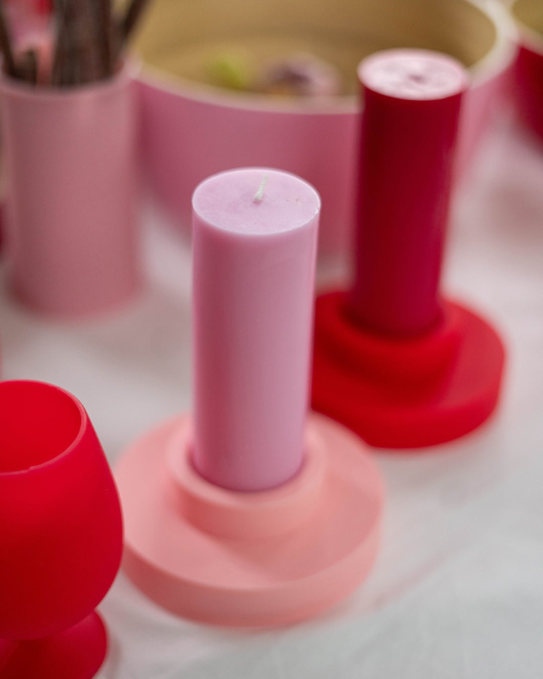 cherry + blush | escc medium pillar candle | soy - blend unscented candles - porter green | style + sustainability