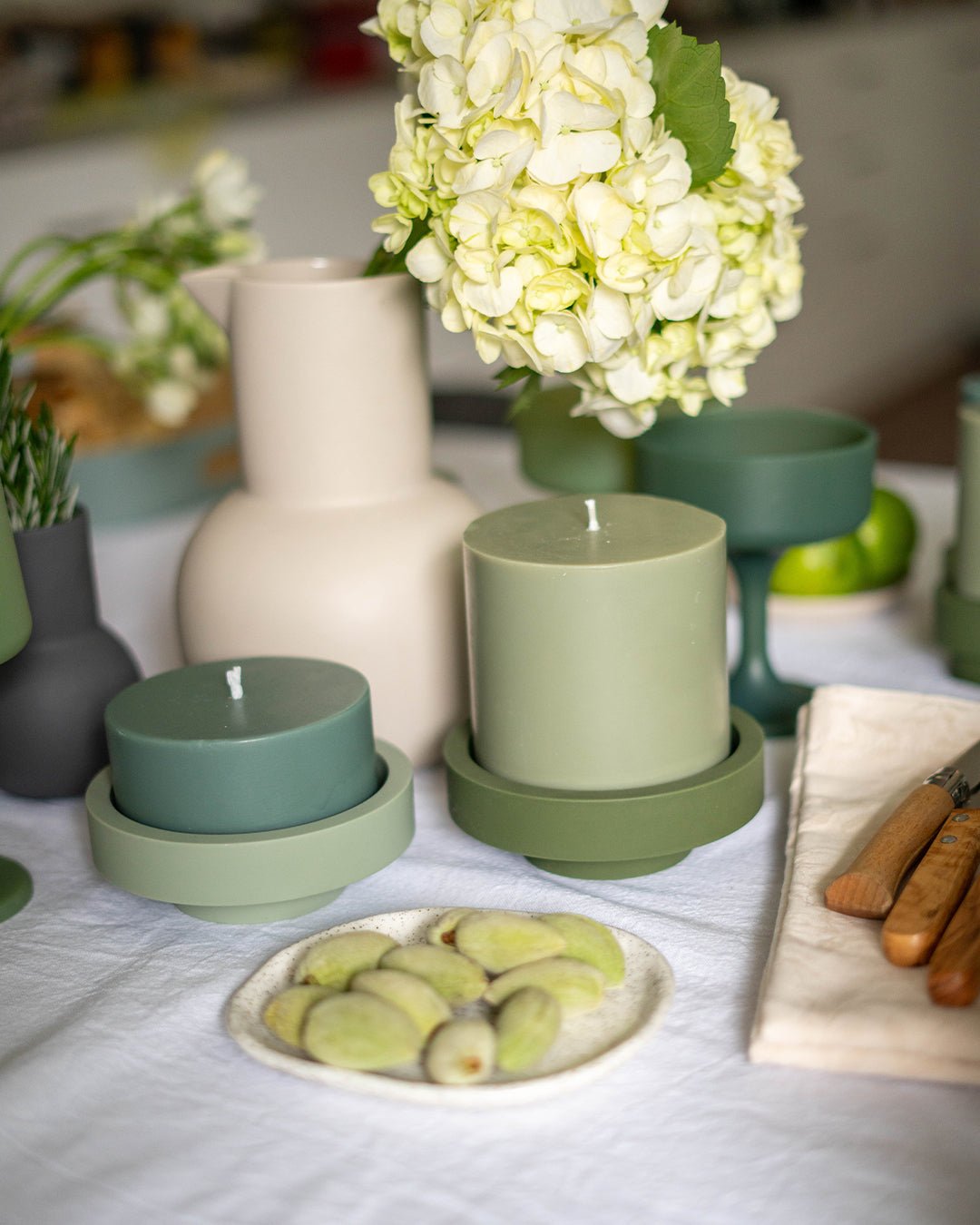 sage + olive | escc large pillar candle | soy - blend unscented candles - porter green | style + sustainability