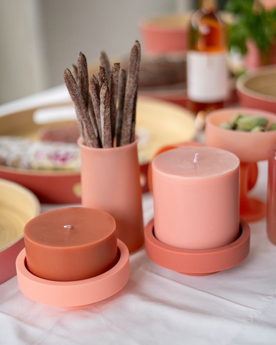terra + peach | escc large pillar candle | soy - blend unscented candles - porter green | style + sustainability
