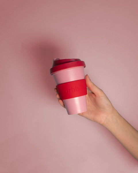 cherry + blush | urbb | biodegradable bamboo coffee cup | porter green, biodegradable coffee cups. bamboo coffee cup, reusable coffee cup australia, 12oz coffee cup, leak proof coffee cup