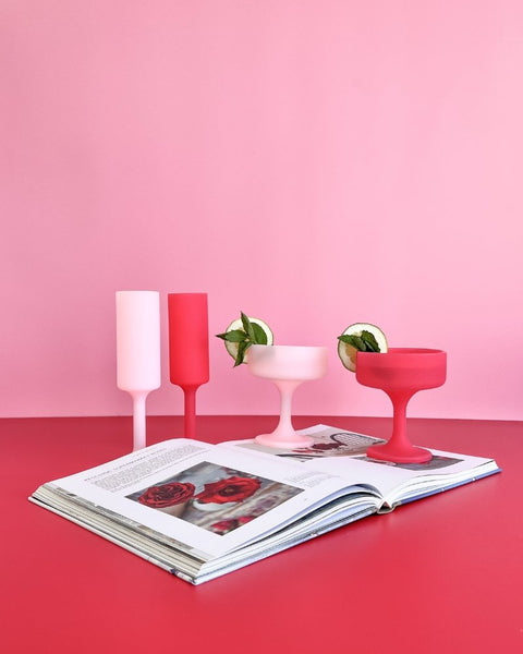 cherry + blush | mecc | unbreakable silicone cocktail coupes | porter green, coupe cocktail glass, coupe glass, coloured cocktail glasses, unbreakable cocktail glasses, cocktail glasses australia