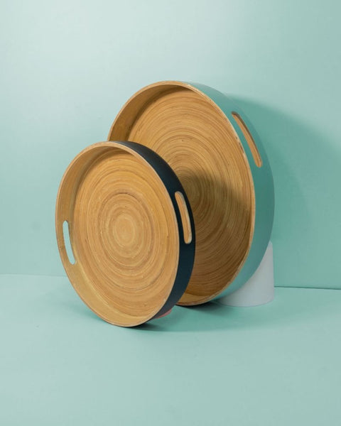 mist + ink | sebss | spun bamboo trays | porter green, serving trays with handles, wooden trays, bamboo, trays, round tray, food tray